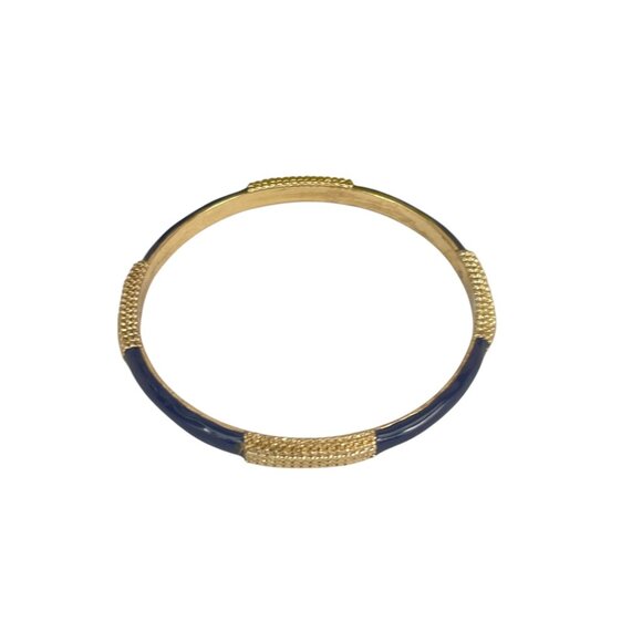 Gold-Tone & Navy Blue Enamel Bangle Bracelet Textured Detailing Classic Ethnic - Picture 1 of 7